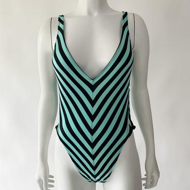Sexy 1980's Aqua Chevron Striped Swimmy
