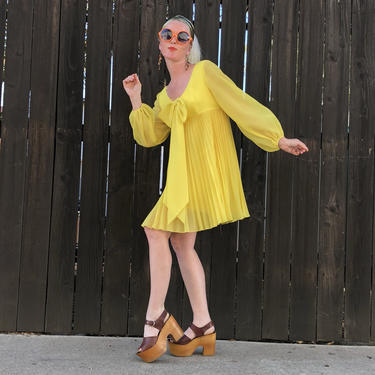 60s BABYDOLL Dress Bright Yellow Mini Dress Pleated Mini Dress