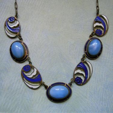Beautiful Antique Art Deco Czech Blue Glass Necklace, Vintage Czech Necklace, Old Brass and Enamel Czech Necklace  (#3867) 