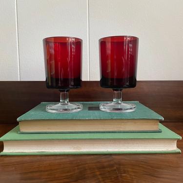 Set of 2-  Vintage Luminarc Arcoroc France Cavalier Ruby Red Cordial Glasses, MCM Retro Bar 