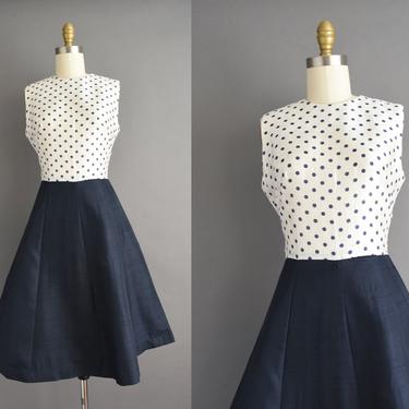 vintage 1950s | Polka Dot Print Navy Blue Silk Full Skirt Bridesmaid Dress | XS Small | 50s dress 