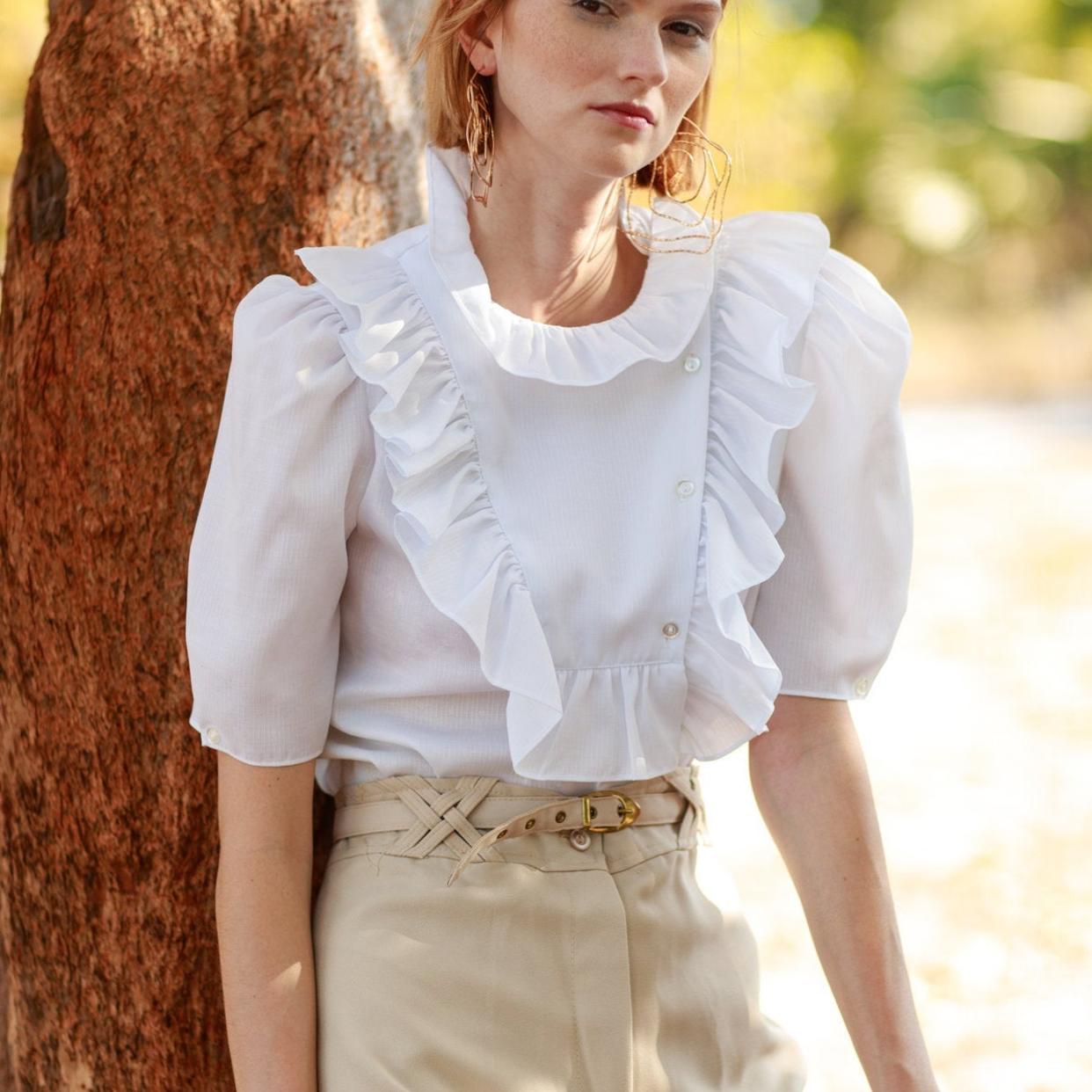 60s White Ruffle Collar Prairie Blouse Vintage Short | Branches 