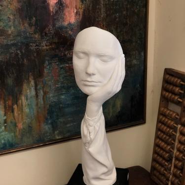 Vintage mid century modern ceramic face statue deco retro signed sculpture face hand calm abstract 