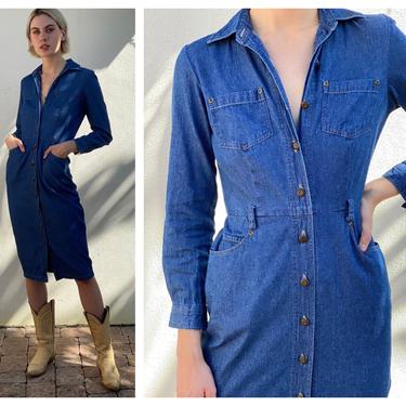 Vintage Denim Dress / Eighties Casual Fitted Dark Wash Denim Dress / Blue Jean Hourglass Cut Dress with Nipped Waist / Button Up Dress 