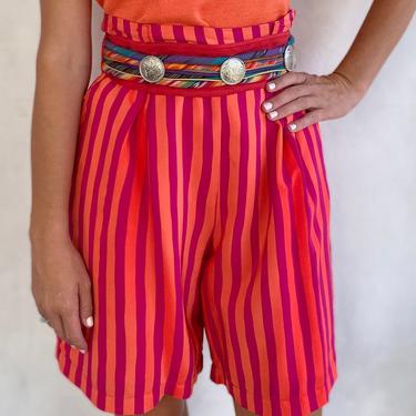 Vintage 1990s Silk Orange & Magenta Stripe Shorts - Summer Statement Print Skort - Medium 
