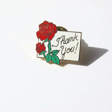 Vintage Rose Thank You Enamel Pin - 70s Red Rose Enamel Lapel Pin - Single Stem Rose Pin - Vintage Thank You Pin 
