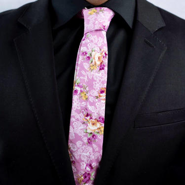 Mens Pink Floral Tie,Retro Tie, Casual, Men's, Groomsmen , Vintage , Handmade , Wedding , Gift , Skinny, Classic, Necktie, Boyfriend 