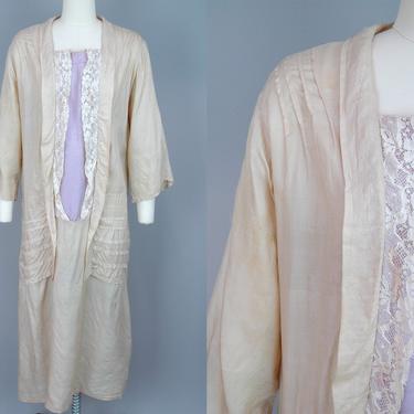 1920s Silk Day Dress | Vintage 20s Drop Waist Ecru &amp; Lavender Dress | large 