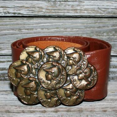 Cognac Brown Soft Leather Cinch Belt with Buckle, Unique Art Deco Brass Coins Cast with Roman Soldier Profile, Vintage Accessories for Women 
