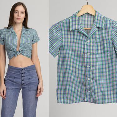 70s Plaid Button Up Top - XXS | Vintage Kids Short Sleeve Cropped Collared Shirt 