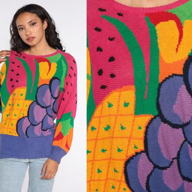 Fruit Sweater 80s Sweater Bright Dolman Sleeve Pineapple Watermelon Sweater Vintage Pullover Purple Pink 90s Ramie/Cotton Slouch Medium 