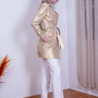 Vintage 90s/Y2K Leather Metallic Gold Belted Trench Coat XS S Minimal Overcoat Blazer 
