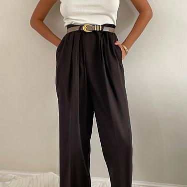 90s brown wool pants / vintage chocolate brown wool high waisted pleated wide leg trouser pants | 34 W 