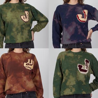 90s Ice Dye Varsity Patch Sweatshirts - Blue, Green, & Copper | Vintage Unisex Bleached Slouchy Long Sleeve Pullover 
