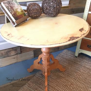 Small Round Side Table Hand Painted in DIY Chalk & Clay Paint in Cake Batter and Summer Crush