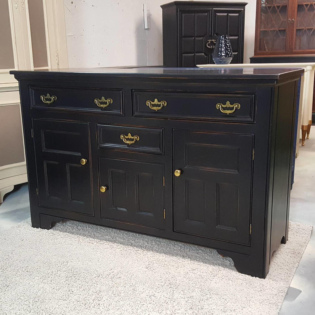 Black Buffet Table Sideboard Credenza Hand Painted