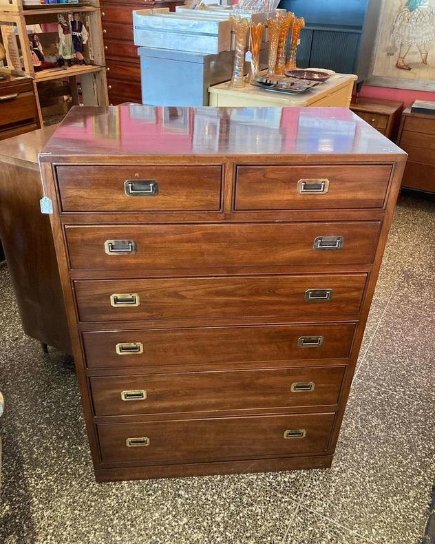 Ethan Allen campaign style chest of drawers.  36” x 19.25” x 50.25”