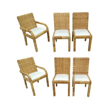 Set of Six Woven Rattan Wrapped Dining Chairs in the Style of Billy Baldwin 
