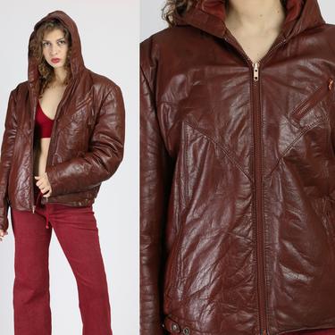 80s Hooded Brown Leather Bomber Jacket - Men's Large | Vintage Berman's Unisex Zip Front Coat 