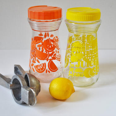 Vintage Glass Orange Juice &amp; Lemon Juice Jar Set, Retro Cocktail Barware, 1980s 