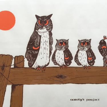 Mid Century Signed Owl Art, Nobody's Perfect By Joy Kohler, Owls On A Fence, Orange Moon, Whimsical, Words Of Affirmation 