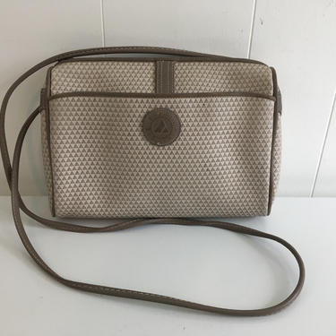 Vintage Liz Claiborne Crossbody Purse 1983 Genuine Leather Trim Bag Adjustable Strap Structured Handbag Gray Tan Made in Korea 1980s 