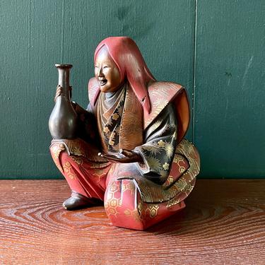 Antique Carved Lacquer Japanese Wood Figure Vintage Netsuke Samurai Kimono Nobleman Royalty 