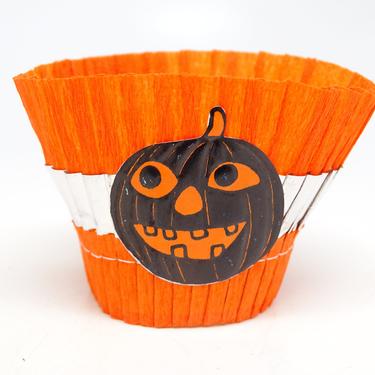 Vintage Jack-o-lantern Halloween Party Favor Basket, Orange Crepe Paper Candy Container 
