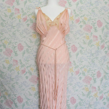 30s-40s Night Gown, Hollywood Glam Satin Blush Peach Striped Bias Cut, Floral Applique LaceLace and Bows, Waist Tieback, Size Small 