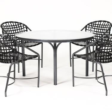 Vintage Mid Century Brown Jordan Aluminum Patio Kantan Dining Set — Table + Four Chairs — Charcoal + Black Vinyl 