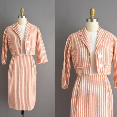 vintage 1950s dress | Adorable 2pc Stripe Print Cotton Pencil Skirt Dress | Medium | 50s vintage dress 