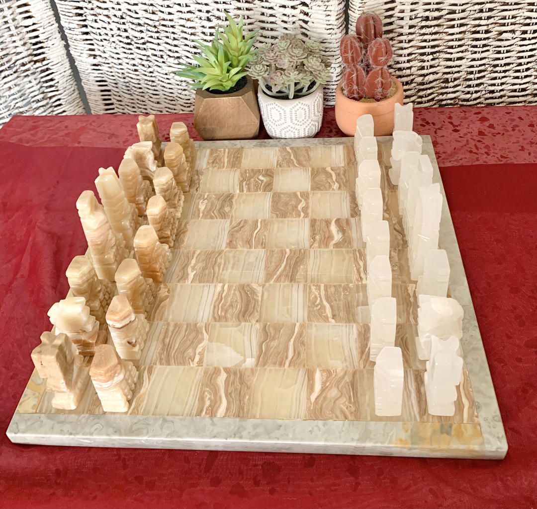 1970s Aztec hand carved marble quartz chess set