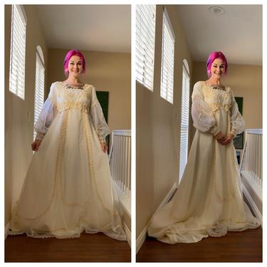 Vintage 1960’s Ethereal Embroidered Wedding Dress with Puff Sleeves 