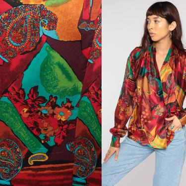 80s Paisley Blouse Wrap Shirt Long Sleeve Top Psychedelic V Neck Blouse Boho 1980s Vintage Red Yellow Medium 