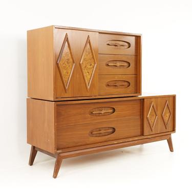 Young Manufacturing Style Mid Century Burlwood and Sculpted Walnut Dresser - mcm 