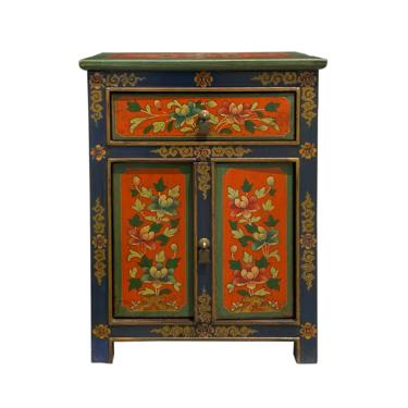 Tibetan Oriental Blue Orange Red Green Floral End Table Nightstand cs6956E 