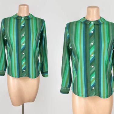 VINTAGE 60s MOD Green and Blue Striped Cotton Blouse | 1960s Sexy Secretary Top | Pointed Flat Collar | Vintage Separates |  Marianne Shops 