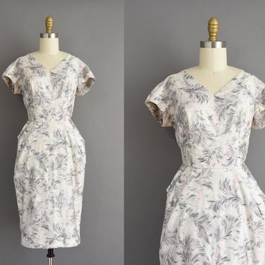 vintage 1950s dress | Gorgeous Pink & Gray Polished Cotton Cocktail Party Wiggle Dress | XS Small | 50s vintage dress 