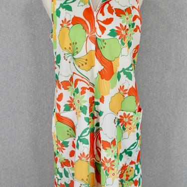 1960s-70s Floral Midi Dress - Retro, Mod, Op Art - Orange, Green, Yellow - Shirt Dress - Spring, Summer 