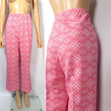 Vintage 70s Neon Hot Pink Abstract Print High Waist Polyester Elastic Waist Pants Size M 