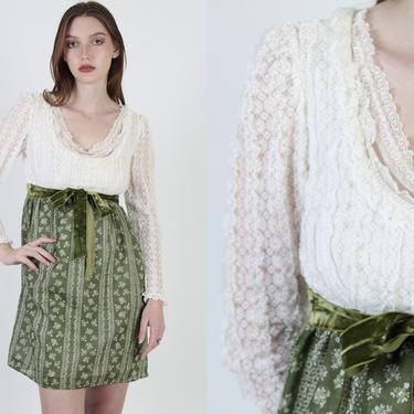Vintage 60s Olive Floral Dress Ivory Ruffled Lace Country Prairie Wedding Mini Dress 