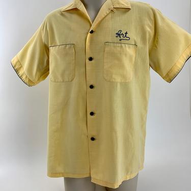 1960'S Bowling Shirt - Light Weight Cotton - HILTON Label - Machine Embroidery - &quot;ART&quot; - Vented Back - Men's Size Large 