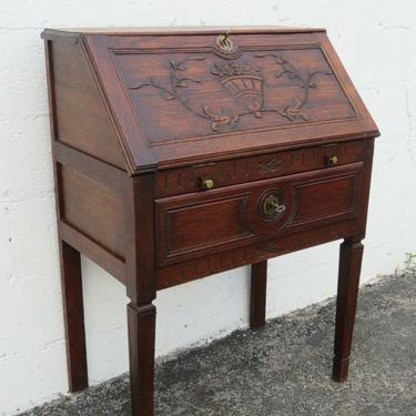 Early 1900s Victorian Hand Carved Small Tiger Oak Secretary Desk 2906