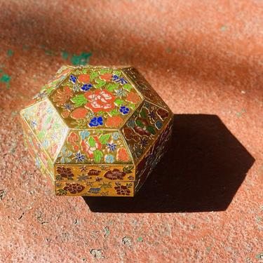Vintage Chinese Cloisonné Enamel Hexagon Box With Lid, Gold Gilt Metal Catchall, Colorful Flower Designs, Handmade Box, 4” W x 2.5” H 