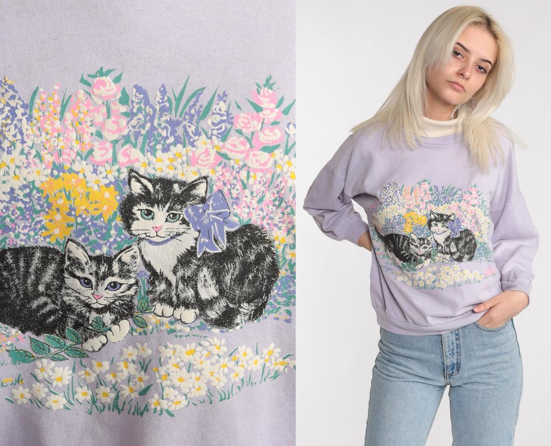 Cat Sweatshirt Lavender Floral Garden Kitten Sweater 80s Animal Sweatshirt Shop Exile Tucson AZ