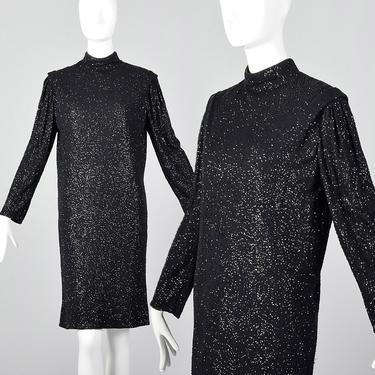 Small 1980s Black Glitter Dress Long Sleeve Sack Dress Cocktail Party Evening Wear Glitter Detail 80s Vintage 