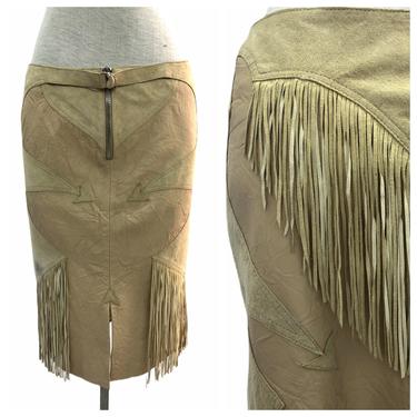 Vintage VTG 2003 Designer Versace Tan Suede Leather Fringed Skirt 
