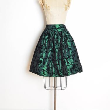 vintage 80s skirt green taffeta black flocked velvet puffy full high waisted XS gunne sax 