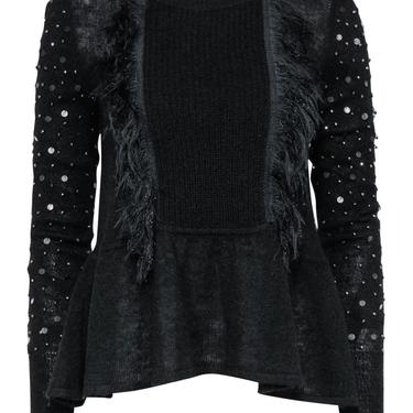 Patrizia Pepe - Black Wool Blend Sweater w/ Feathered, Beaded &amp; Sequin Fringe Sz 2