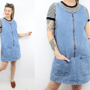 Vintage 90's Blue Denim Jumper Dress / 1990's Zip Front Denim | Ruby ...